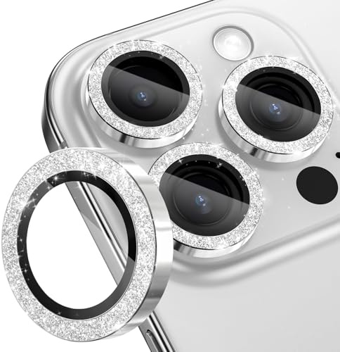 CloudValley Copertura per fotocamera Bling per iPhone 16 Pro e iPhone 16 Pro Max, [Decorazione glitterata] Protettive In Vetro Temperato, Accessori 9H Anti-Graffio HD Chiaro,Bianco titanio