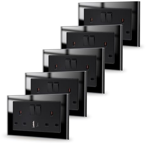 JIMEIDA 5 Pack Black Double Switched Socket