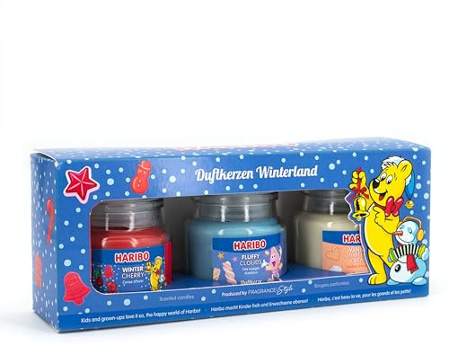 Haribo Duftkerzen Geschenkset | Winterland | 3x Duftkerzen Winter | Geschenke für Frauen | Kerzenset für Zuhause | 3x85g Duftkerzen im Glas