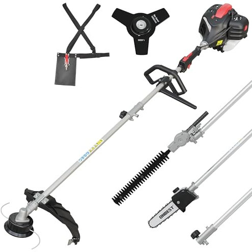 ONBEST hochwertiges 4 IN 1 Benzin Multifunktionsgerät – Starke 1,9 PS/ 1,4 KW - Freischneider, Rasentrimmer, Heckenschere und Hochentaster in Einem – mit Verlängerung Stange – ergonomischer Tragegurt