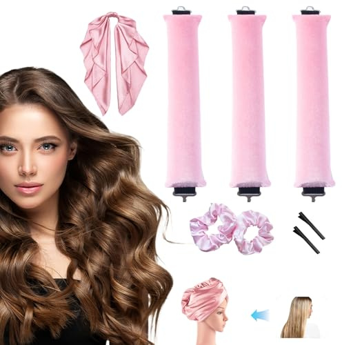 ZHTLTHZ 3 Stück Hitzefreie Schwamm Lockenwickler Groß 3cmφ, 2 Haarspange + 2 Stirnband + Kopftuch Tragen, Locken Wickler haarlocken Über Nacht, Locken Ohne Hitze, Heatless Curls Kurze Haare Rosa