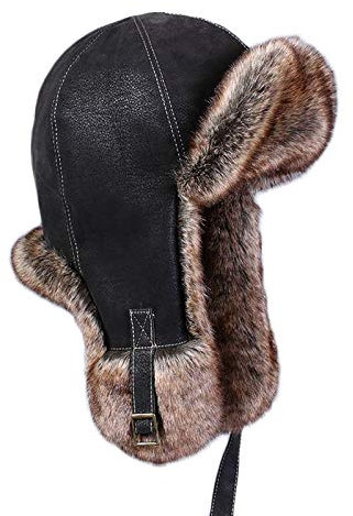 ASerZenith Wintermützen, Mütze Unisex Winter Fliegermütze Kunstleder wasserdichte Mütze Pilotenmütze mit Ohrenklappen Halten Sie warme Mütze(Black-56cm)