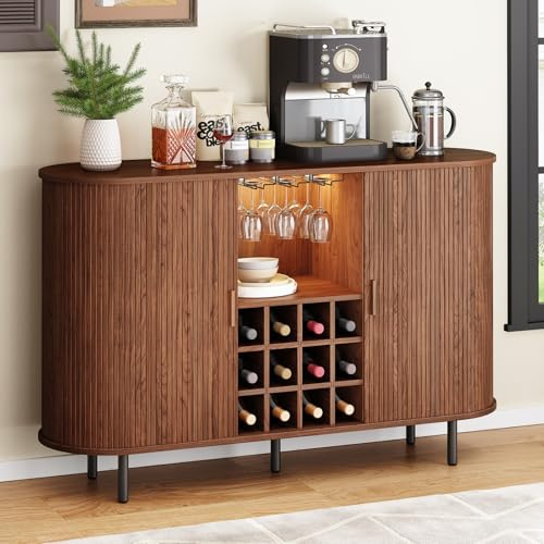 ONBRILL 55 Wine Bar Cabinet with LED Light,Modern Liquor Whiskey Coffee Station with Wine Rack and Glass Holder, Farmhouse Buffet Sideboard with Storage for Living Room, Kitchen, Entryway (Walnut)