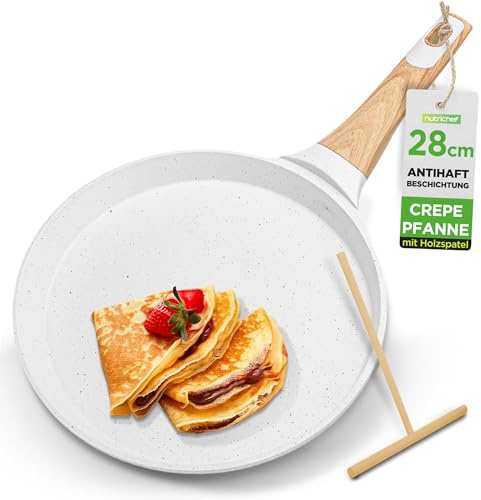Nutrichef Crepe Pan Nonstick with Wooden Spreader, 28cm Durable Marble Coated Pancake Pans for Stove Top, Induction Ready, Bakelite and Wood Handle, Easy to Clean, White