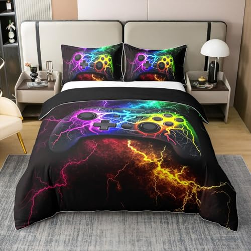 Homewish Gamer Coton Housse de Couette 220x240 pour Enfants Adultes,Cadeaux de Joueur de Jeux Literie Set,Consoles de Jeux Neon Parure de Lit,Arc en Ciel Lightning Couvre Lit,2 Taies d'oreiller