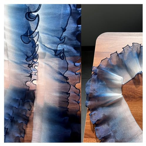 AMateschitz Meerjungfrau Falten Rüschenstoff Gradient Plissierter Spitzenstoff Farbverlauf Rüsche Gerüschter Tüllstoff Plissee Rüschenborte Organza Stoff für Kleid DIY Nähen Blau 5 Yard