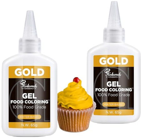 Lebensmittelfarbe Gel Gold Set (65gx2) - Konzentrierte Lebensmittelecht Zuckerfrei Gel-Farbe | Für Backwaren & Getränke (Kuchen, Fondant, Zuckerguss, Ostereier) & DIY (Slime, Seifen)