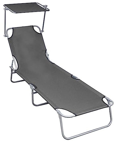 Homgoday Sonnenschirm Liege mit verstellbarem Dach, Aluminium, Grau, 188,5 x 57,5 x 27 cm, für Garten, Pool und Strand Model47772