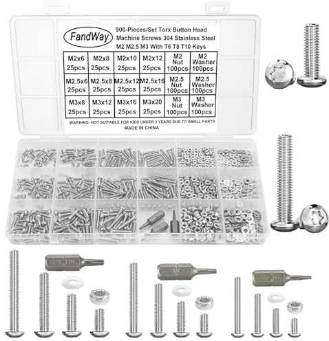 FandWay 900-teiliges Set mit Schrauben und Muttern, M2, M2,5, M3, Torx-Knopf-Maschinenschrauben, Flachkopf-Torx-Schrauben, 304 Edelstahlschrauben und Unterlegscheiben, Vollgewinde mit T6, T8, T10