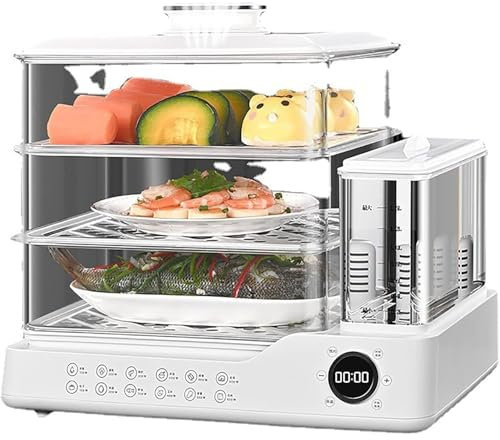LIULIQ Vaporera Eléctrica De 3 Niveles, Vaporera Eléctrica Doméstica Pequeña De 800W con 24L De Capacidad, Pantalla Táctil Y Depósito De Agua Independiente, Cita 12H para Verduras, Carnes, Pescados