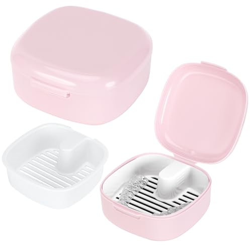 Zikenis Scatola per protesi dentarie con colino,coperchio per scatola per protesi portatile,contenitore per scatola per protesi,scatola per ammollo e conservazione di protesi dentarie (Rosa)