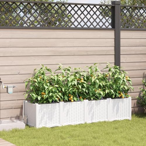 HaoChrymec Pflanzkasten mit Bewässerungssystem, Synthetischer Kunststoff, Modernes Design, Blumentopf mit Bewässerungssystem, Balkon Blumenkasten, Innen/Außen, Weiß, 40x160x37,5 cm, 4 STK.