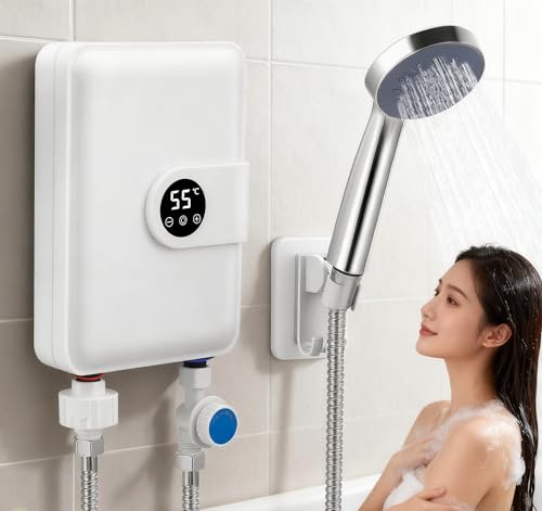 Mini chauffe-eau Instantané, 5500 W 220 V Chauffe Eau électrique Instantané avec Affichage de la Température LCD, 30 à 55 °C, pour Douche, Salle de Bain, Cuisine