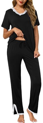 Lovasy Pigiama Donna Cotone a Maniche Corte Pigiama Due Pezzi Top con Scollo a V in Pizzo Sexy Lunghi Pantaloni con Tasche,A-Nero,M