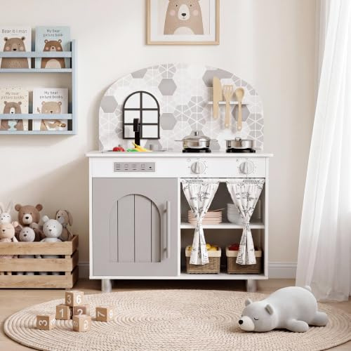 MAMIZO Wooden Play Kitchen, Toddler Toy Kitchen, Children's Playset | Realistic Light & Sound, 5 Pcs Accessories, Simulated Gas Cooker, Clicking Knobs, Faucet, Storage Cabinets, for Ages 3+