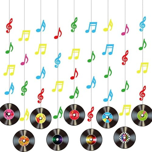 9 decorazioni da appendere a dischi in vinile e note musicali, striscioni retrò rock and roll per feste anni '50, '70, '90, compleanno a tema musicale, striscioni vintage per soffitto e parete