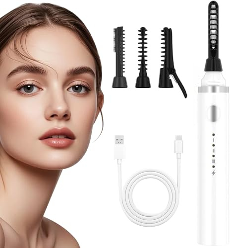 RNPKZ Beheizte Wimpernzange, Heated Eyelash Curler mit Tasche, Wimpernzange Beheizbar mit 3 Temperature, 3 Bürstenköpfen, 5s Aufheizen für Alle Wimpern, Perfekt für Anfänger und Makeup-Profis (Weiß)