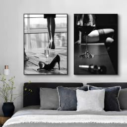 KEMEIQI Poster e stampe di gambe di bellezza in bianco e nero, con tacchi alti e bicchieri da vino, su tela, per soggiorno, decorazione per la casa (50 * 70X2CM/cornice)
