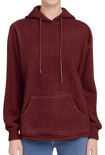 Générique Huva för dam - topp till dam chic casual våffeltröja med dragsko jacka vår höst huvtröja enfärgade toppar långa toppar med två fickor tröja, Färg: röd, M