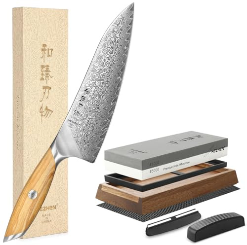 HEZHEN Couteau de Chef Damas, Couteau Japonais en Acier Damas 73 Couches avec Pierre à Aiguiser Grande Professionnel Aiguiseur de Couteau