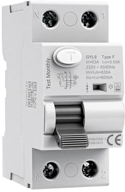 Interruttore Magnetotermico Differenziale Tipo F 2P Interruttore Differenziale 63A 30mA AC230V 6kA, per carichi monofase a frequenza variabile condizionatori d'aria lavatrici pompe di calore GYL9