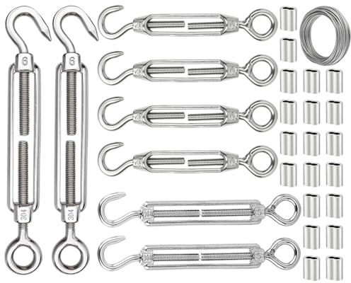 8Pcs Turnbuckle Wire Tensioner,Heavy Duty Adjustable Rope Tension Hook | M4/M5/M6,304 Stainless Steel Kit,Eye Rope Cable Tension,For Garden Climbing Plants Light Hanging Fence Wire Shade Sails