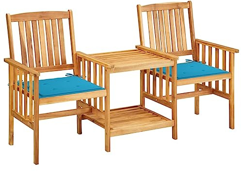 HGBNMER Set da bistrò rustico in legno di acacia con tavolo e due sedie, include cuscini per un maggiore comfort, legno massiccio oliato, stabile e robusto, ideale per giardino e terrazza
