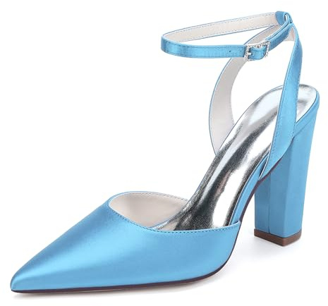 HFWXYSA Escarpins Femme Satin Bout Pointu Talon Bloc Bride Cheville Chaussures Mariage Demoiselle Honneur Soiree Bal
