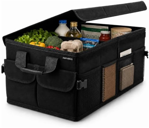 ZENAKIO Premium Kofferraum Organizer mit Deckel - Auto Organizer Faltbar Stabil & Rutschfest - Auto Kofferraum Organizer Schwarz 62 x 35 x 25 cm