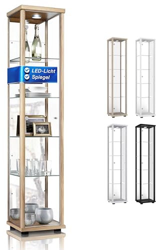K-Möbel Standvitrine (176x37x33cm) - Made in Germany - Vitrinenschrank Buche mit 4 höhenverstellbaren Glasböden, Spiegel & LED - Glasvitrine Stehend - Vitrine Glas - Display Cabinet