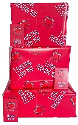 Funny Adult I Love You Gift Wrap & Gift Tags Wrapping Paper Sheets Perfect for Valentine's Day Anniversary & Birthday Pack 2