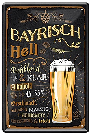 Bayrisch Hell Helles Bier Blechschild - Retro Deko Metallschild Zubehör Ausstattung für Bar Kneipe Theke Kellerbar Partyraum Partykeller Biergarten Man Cave - Bier Geschenke für Männer - 20x30cm