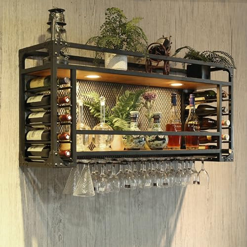 Weinregal Wand Metall Flaschenregal Schmal mit Weinglashalter Wine Rack Weinschrank Weinflaschenhalter Barschrank Bar Regal Weinregal Schwarz Getränkeregal Flaschenaufbewahrung für Küche Bar Esszimmer