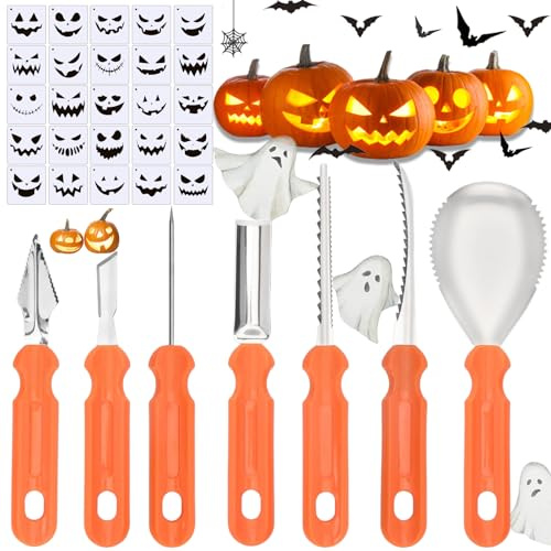 Brateuanoii Halloween Kürbis Schnitzset, 7 Stück Edelstahl Kürbis Schnitzwerkzeuge, Kürbis Schnitzset Mit 25-Teiligen Vorlagen, Schneide-Werkzeuge Zum Aushöhlen Von Kürbissen, Für Kürbis Dekoration