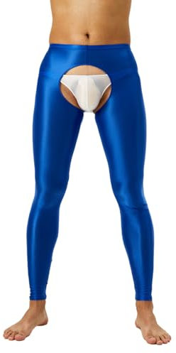 Xnihocha Herren Sexy Leggings mit offenem Schritt Glänzende Strumpfhose Skinny Pantyhose Hoher Taille Nachtwäsche Blau L