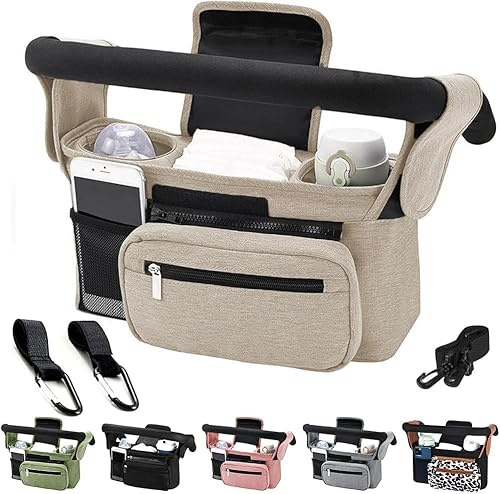 HINATAA Bolsa Organizadora Para Cochecito, Bolso Organizador Carrito Beb con Portavasos Aislado y Correa para el Ajustables Hombro, para Pañales y Juguetes, Cochecito de Bebé con 2 Ganchos (Blanco)