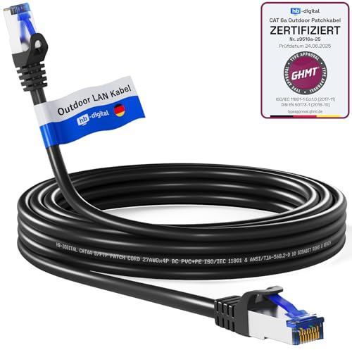 HB-DIGITAL 12m CAT 6a Outdoor LAN Kabel Netzwerkkabel Patchkabel IP66 - GHMT Zertifiziert - RJ45 Ethernet S/FTP PiMF 10 Gbit/s AWG 27/7 für Außen- & Innenbereich wasserdicht - Schwarz