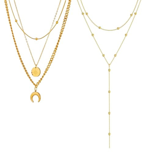 ClcIosis 2 Stücke Lange Kette Damen, Y Kette Gold Modeschmuck Halskette Mit Sonne und Mond-Anhänger Elegante Halskette für Frauen Stilvolles Accessoire für Abend Und Alltag