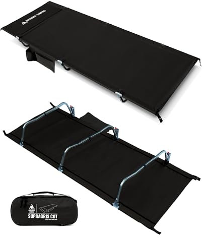 OneTigris SUPRAGRIS Feldbett klappbar, tragbar Campingbett faltbar leicht, Klappbett Camping bis 180 kg für Zelt, Outdoor, Reisen, Garten, Büro(190 × 70 × 18 cm)-Schwarz