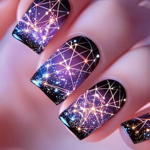 Ceboic 24Pcs Eckig Nägel Zum Aufkleben, Mittel Glänzend Sternenhimmel Galaxie Künstliche Nägel, French Tip Press on Nails, Full Cover Kunstnägel Square Fingernägel Fake Nails für Frauen Mädchen