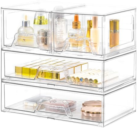 Stebopum 4 Pack Stackable Plastic Storage Drawers,Acrylic Makeup Organiser