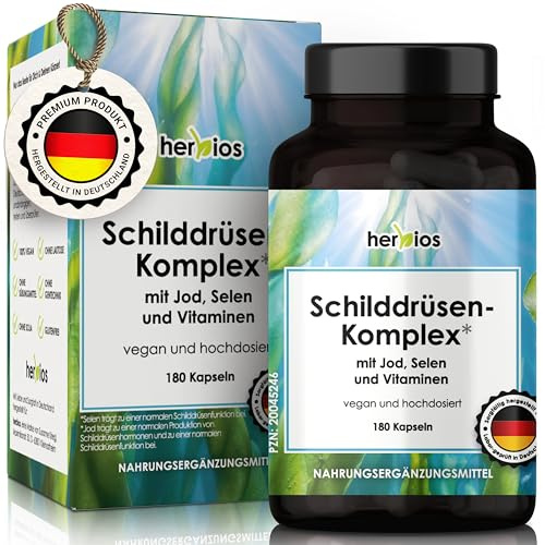 HERBIOS Jod-Selen Komplex –180 Schilddrüsen-Kapseln für 6 Monate – hochdosiert mit L-Tyrosin, Eisen, B-Vitaminen & Folsäure – Natürlich, Vegan & Laborgeprüft