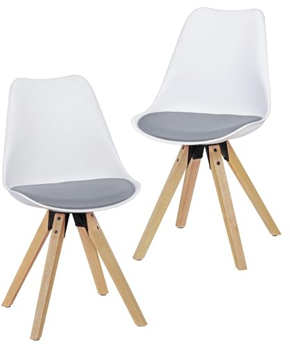 FineBuy Design Esszimmerstühle 2er Set Weiß Grau Skandinavische Stühle mit Holzbeinen, Retro Stuhlset Kunststoff, Küchenstühle mit Kunstleder, Lehnenstuhl Modern, Küchenstuhl Esszimmer
