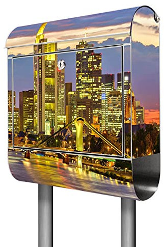 banjado® Standbriefkasten Edelstahl mit Zeitungsfach Motiv Frankfurt Main/Briefkasten mit Standfuß/Edelstahl Briefkasten freistehend - A4 Einwurf inkl. 2 Schlüssel