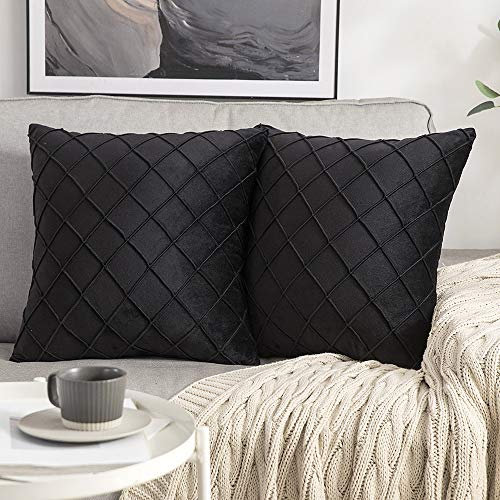 MIULEE 2er Set Samt Kissenbezug Gitter Sofakissen Dekokissen Kissenhülle Kissenbezüge Couchkissen Kissen Samtkissen Weich Einfarbig Zierkissen ohne Füllung für Sofa Wohnzimmer 45x45cm Schwarz
