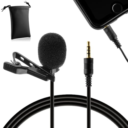MOJOGEAR Clip Microphone for Smartphones/Tablets/Phones - 1.5 meter cable - 3.5 mm headphone jack - Lapel pin lavalier microphone - Black