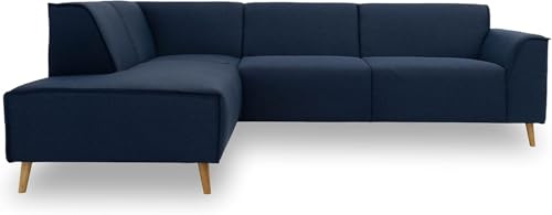 DOMO. collection Ecksofa Jules FK, skandinavisches Sofa mit Federkern, Couch Garnitur mit Holzfüßen, 263 x 191 x 81 cm (BxTxH), Ottomane links, dunkelblau | Ottomane links mit Federkern und Holzfüßen in L-Form mit Biese-Naht, 263 x 191 x 81 cm (BxTxH), bequem & modern