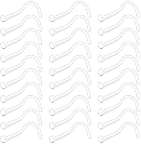 Crdifu 30 Stück klare Nasenstecker, 20 g, flache Oberseite, unsichtbare Schraube, L-förmig, Nasenknochen-Piercing, für Arbeit, Schule, 20 g, Kunststoff