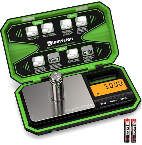 UNIWEIGH Digitale Taschenwaage 200g/0,01g Feinwaage, Digitale Waage, Tragbare Mini-waage, Schmuckwaage, Münzwaage,Goldwaage, Grammwaage Scale mit 50g Kalibriergewicht-fluoreszierendes Grün