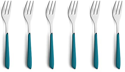 Kuppels PRISMA Juego de 6 cubiertos para tenedor de tartas de acero inoxidable 18/0, para 6 personas, cuencos de plástico en color petróleo, inoxidable y apto para lavavajillas
